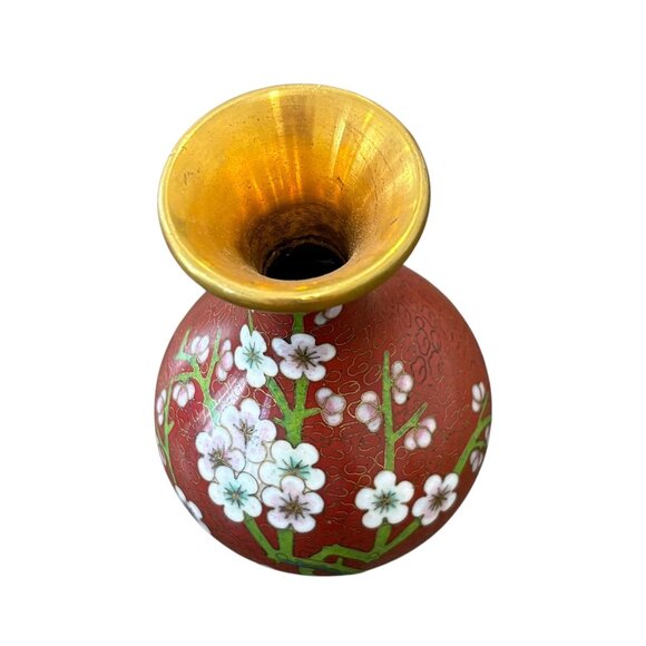 Vintage Chinese Cloisonné Vase With Cherry Blossom Design Red Gold Trim - Picture 2 of 5
